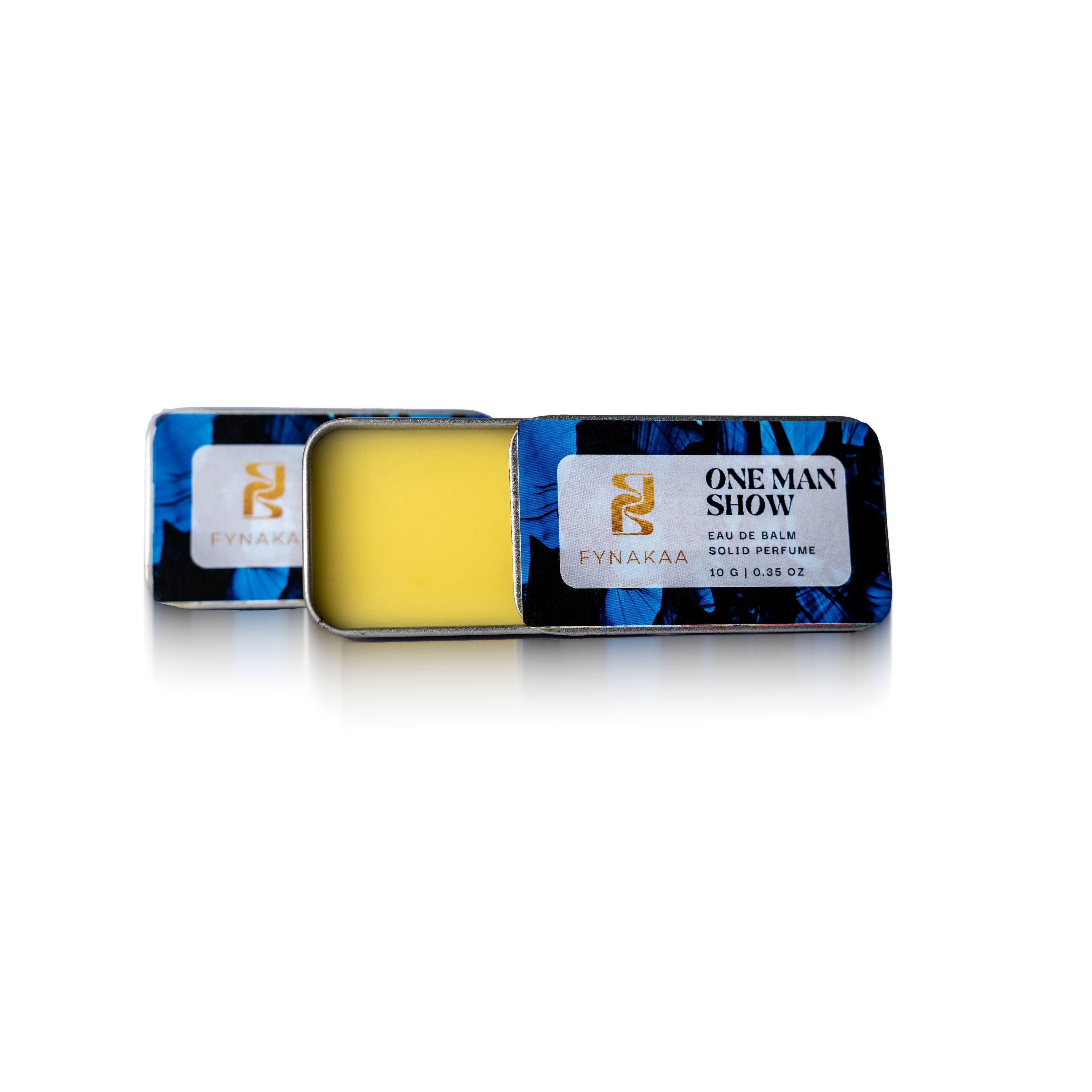 Yellow organic and natural solid perfume bar in a Fynakaa branded tin on a white background