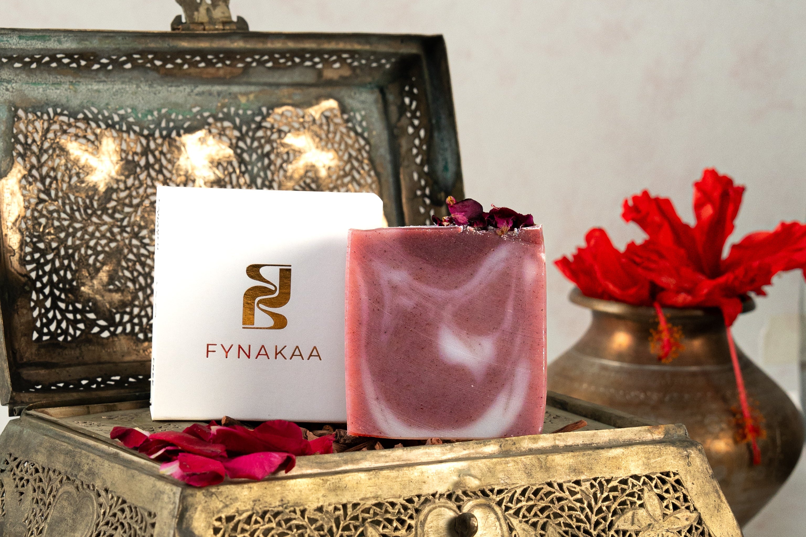 Fynakaa soap bar on an ornate brass tray with decorative elements