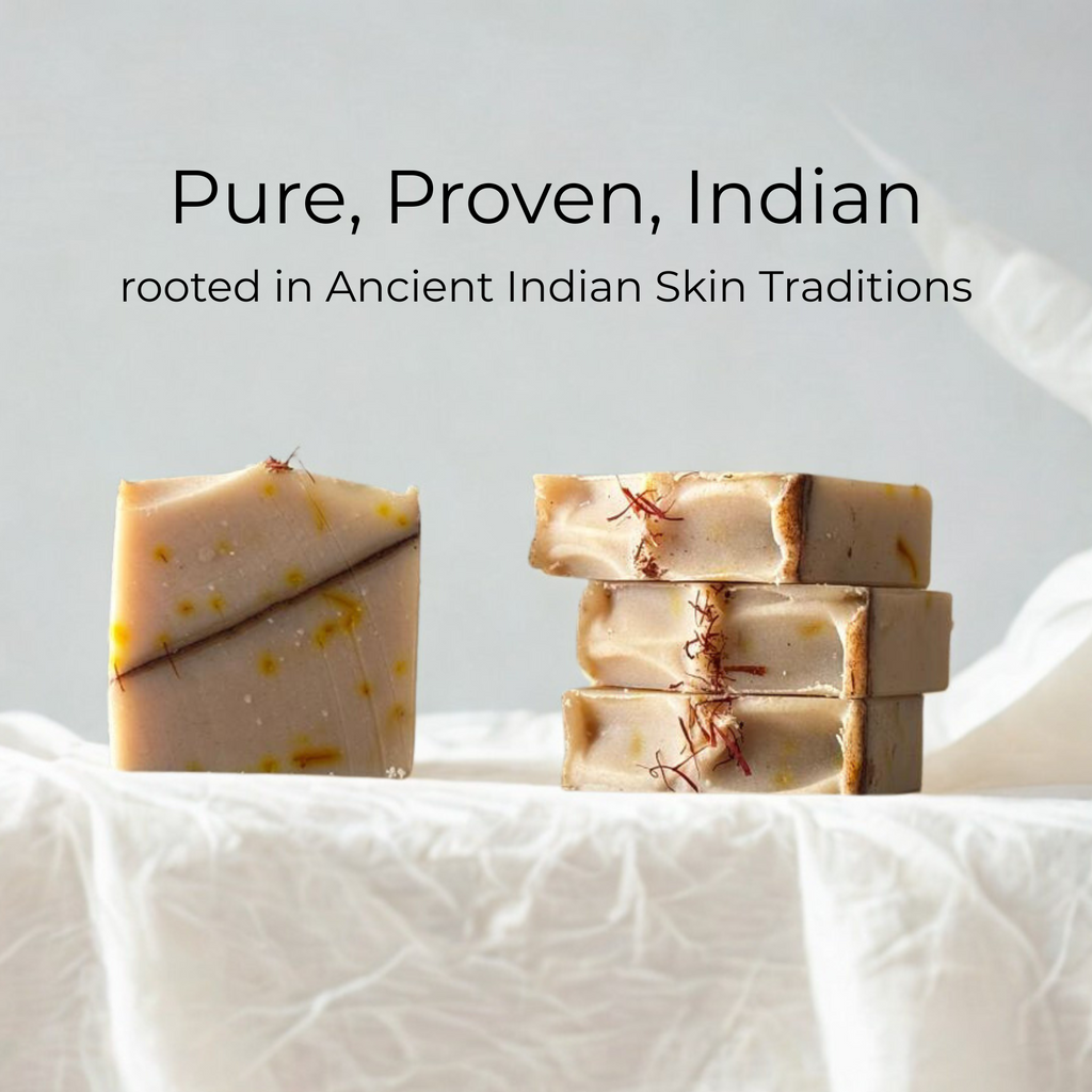 Fynakaa's Handcrafted Cold Processed Kesar Chandan Luxury Soap indicating Indian skincare traditions with text written above