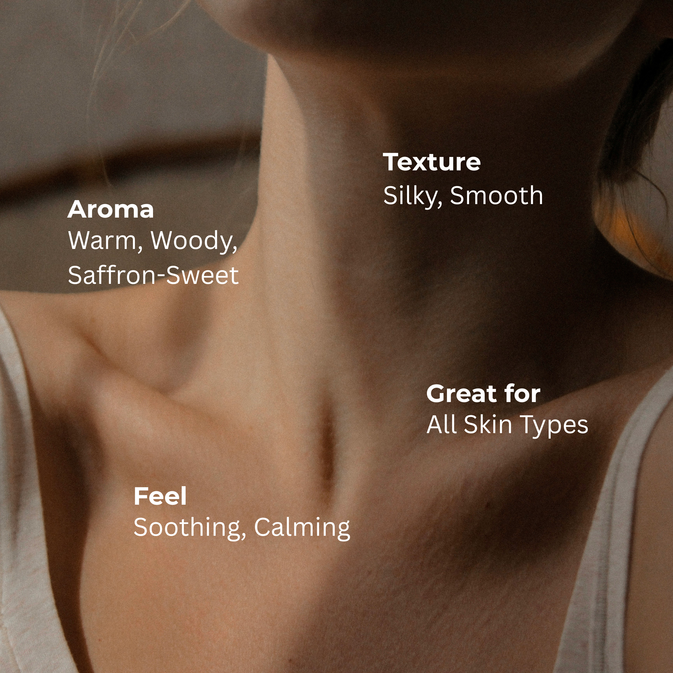 Close-up of a person's neck with product description text overlay for Kesar Chandan Soap Bar