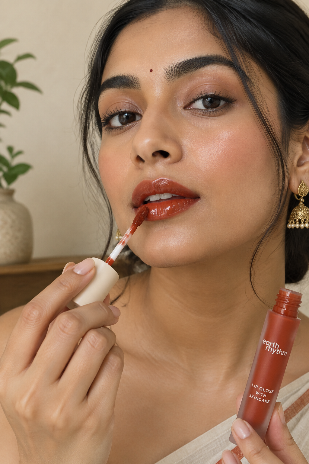 Woman applying Fynakaa Orange Lip Gloss with doe-foot applicator, showing terracotta red-orange glossy finish on lips