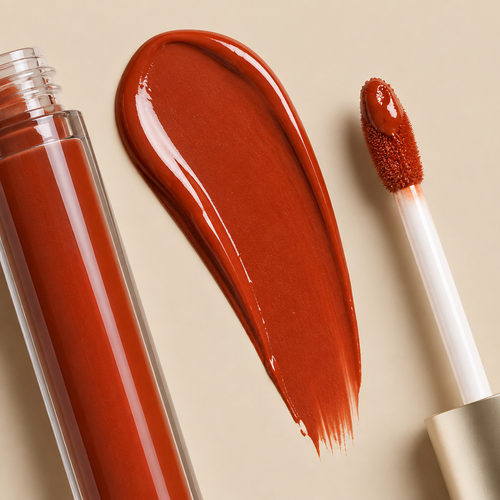 Close-up swatch of Fynakaa Orange Lip Gloss terracotta shade showing rich glossy pigment on neutral background